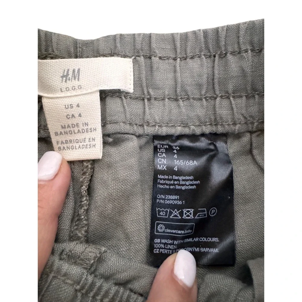 H&M Linen Drawstring Elastic Waist Pants Size 4 Army Green Boho Coastal Casual